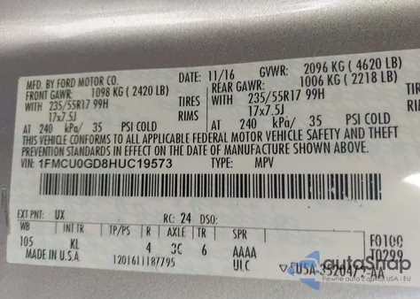 2017 Ford Escape Se from USA, damaged, VIN 1FMCU0GD8HUC19573